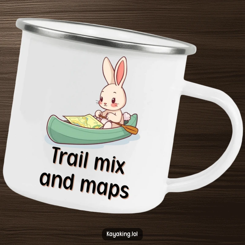 Funny Camping Mug, a bunny studying a map in a kayak, designed for curious outdoor exploration.