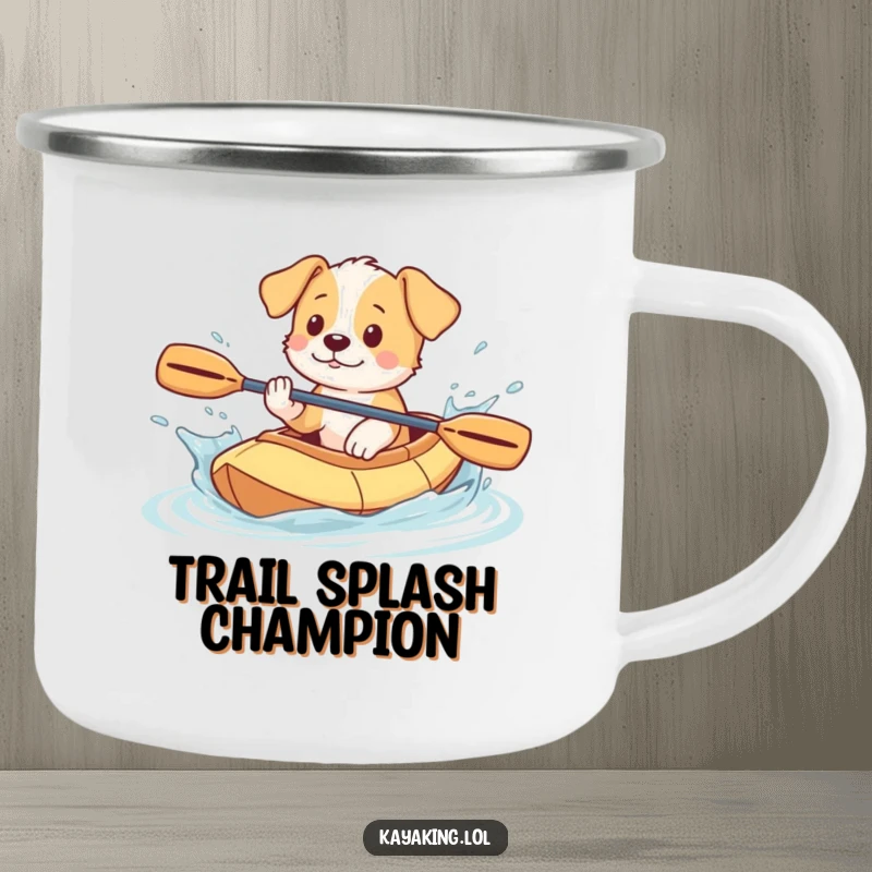 Funny Puppy Camping Mug: Playful puppy splashing water from a kayak in nature, perfect for outdoor fun.
