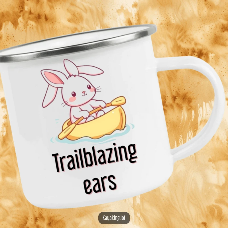 Funny bunny camping mug showing a playful rabbit steering a kayak, ears streaming, perfect for outdoor enjoyment and cute vibes.