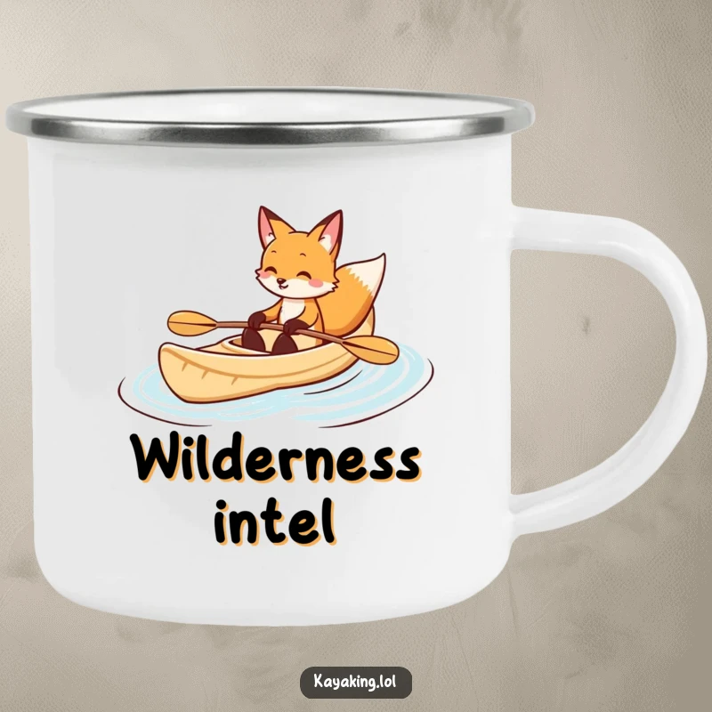 Funny fox kayaking camping mug depicts a smiling fox paddling a kayak, designed for outdoor enthusiasts with a sense of fun.