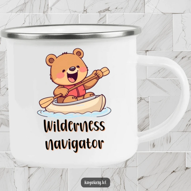 Funny camping mug featuring an excited bear attempting to steer a kayak with a paddle, perfect for outdoor trips and wild moments.
