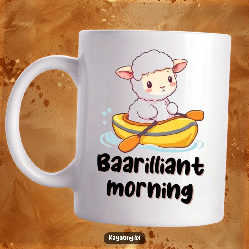 Funny fluffy sheep peacefully bobbing in a brightly colored kayak, radiating calm and cuteness. This mug is sheep-tacularly charming.