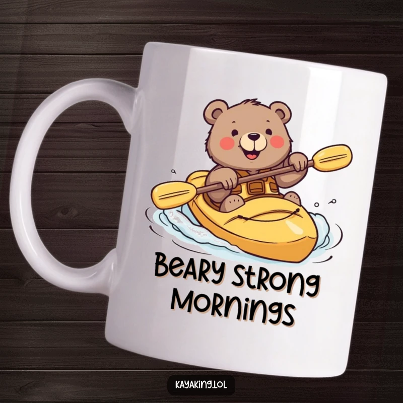 Funny mug showing a brave bear attempting a kayak roll with a determined yet happy smile.