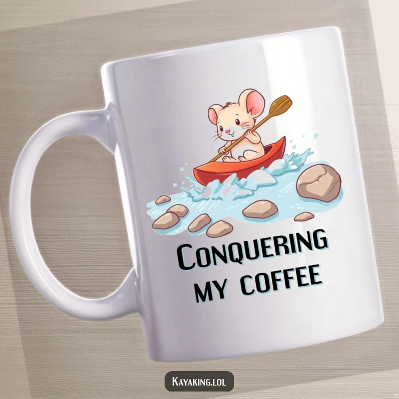 Funny brave mouse navigating rough rapids in a small kayak on a mug, an adventurous and determined rodent.