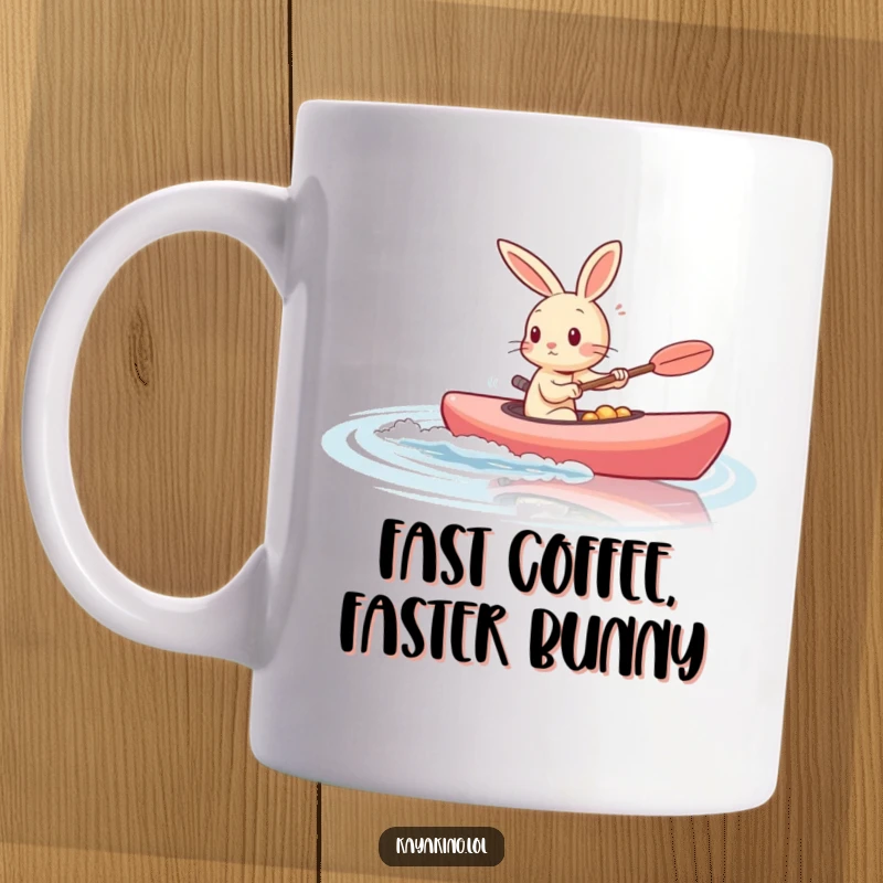 Funny, energetic rabbit zooming through calm water in a kayak, captured on a cheerful mug.
