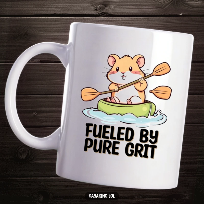 Funny mug, a determined hamster paddling a kayak with intense focus, showcasing pet power and achievement.