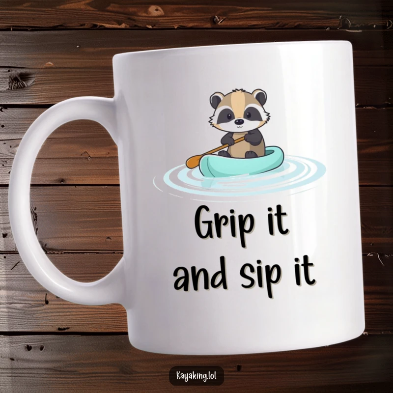 Funny Brave Badger Paddle Mug: A determined badger paddles smoothly on calm water, a peaceful and humorous scene.