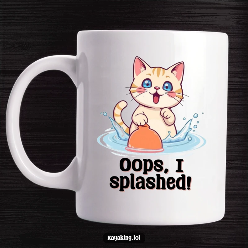 Funny Cat Mug: A surprised cat character joyfully splashes water with its paddle, creating a chaotic and fun scene.