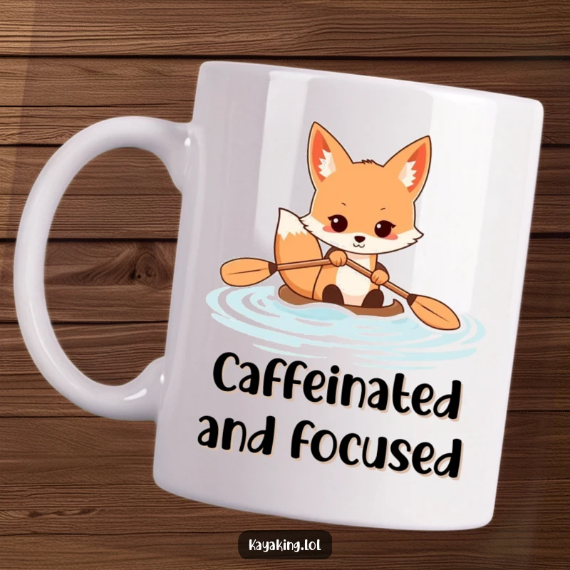 Funny fox mug featuring a determined animal paddling a kayak vigorously through calm water, embodying focus and outdoor drive.