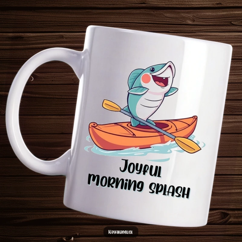 Funny fish kayaking mug showing a happy fish joyfully leaping out of a kayak, celebrating fishing success with humor.