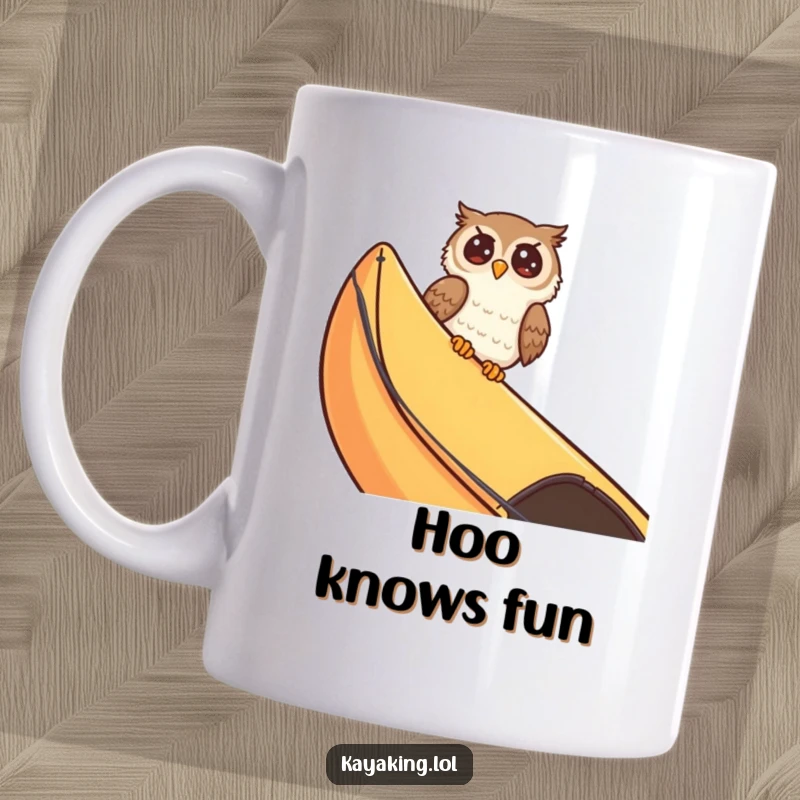 Funny giggling owl peeking over a kayak edge, enjoying a hilarious paddle adventure. This mug design is pure joy for bird lovers.
