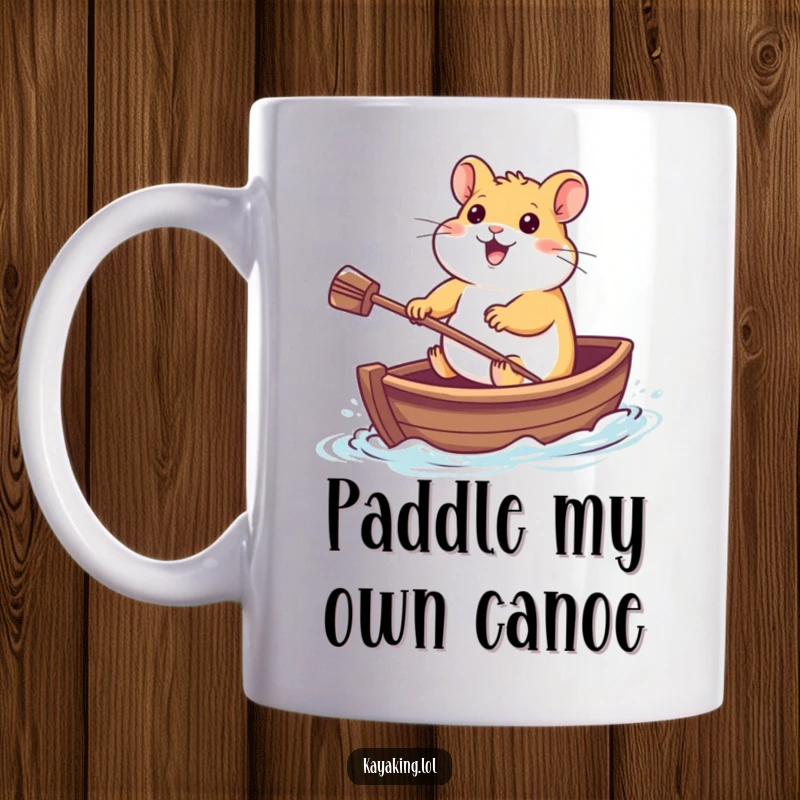 Funny Mug featuring a cheerful hamster in a tiny boat, paddling with all its might, a hilarious take on aquatic racing.