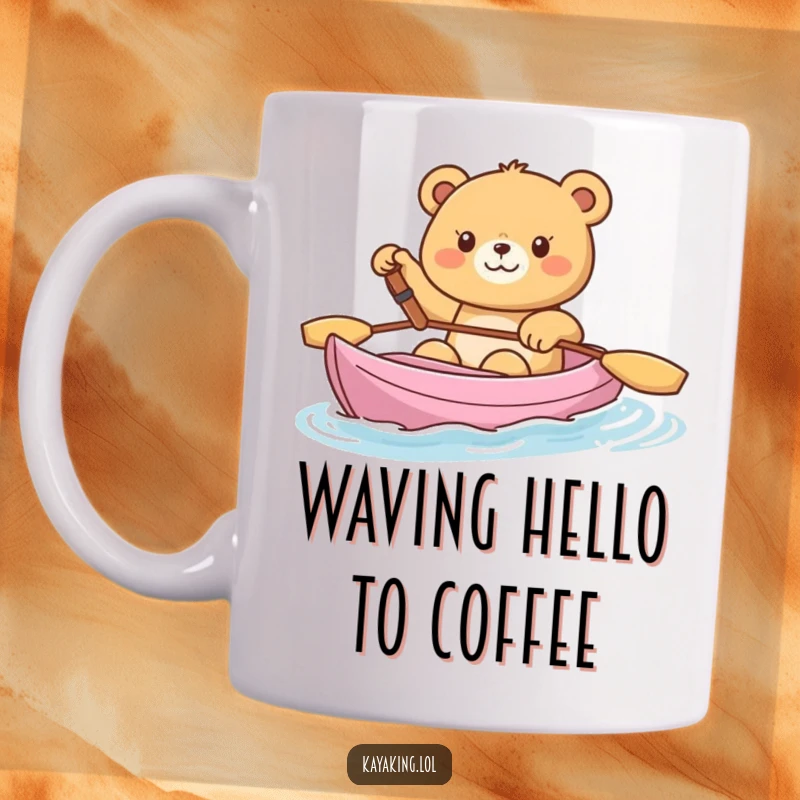 Funny mug, a happy bear in a kayak cheerfully waving, radiating friendliness and outdoor joy.