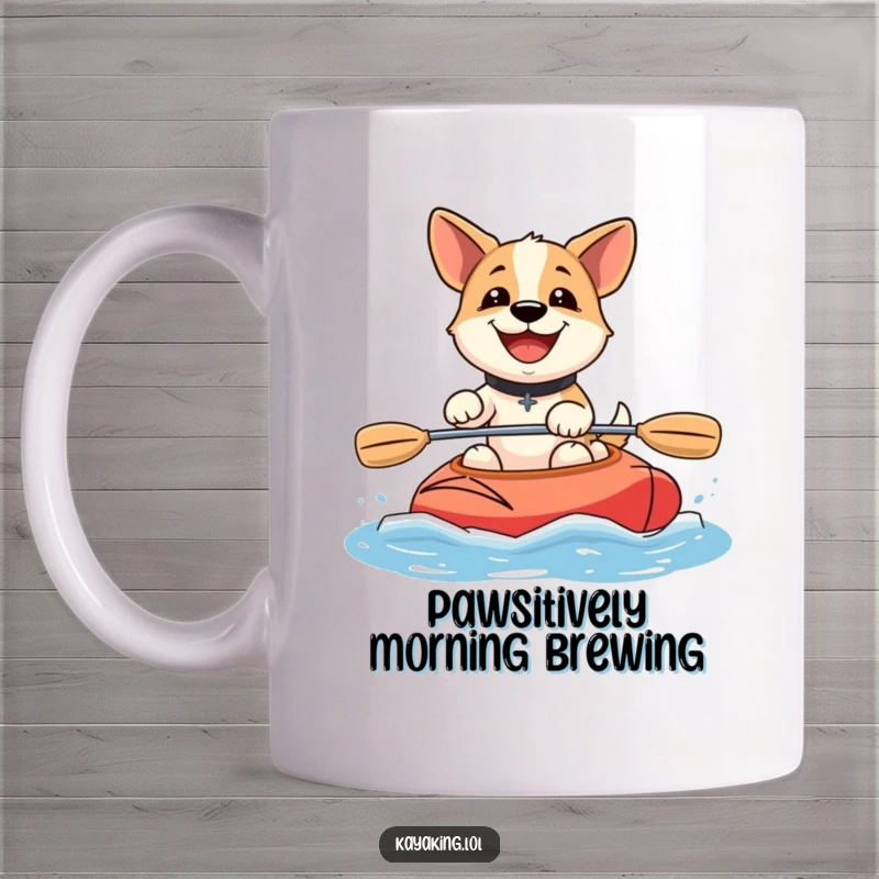 Funny dog kayaking mug featuring a joyful dog with a wide smile paddling a kayak, embodying pure adventure and happiness.
