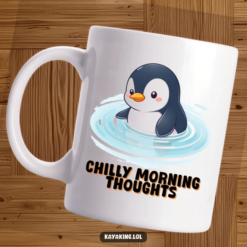 Funny Penguin Mug: A curious penguin glides through calm water, looking around with wonder and exploration.