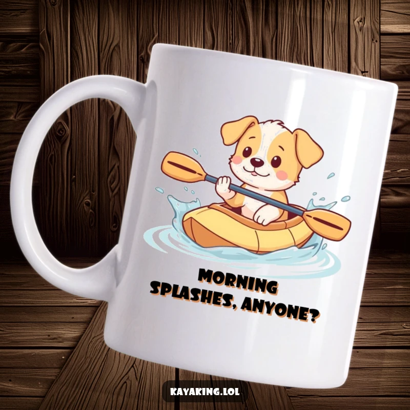 Funny Puppy Mug: Playful puppy splashing water from a kayak, embodying pure joy and water-loving antics.