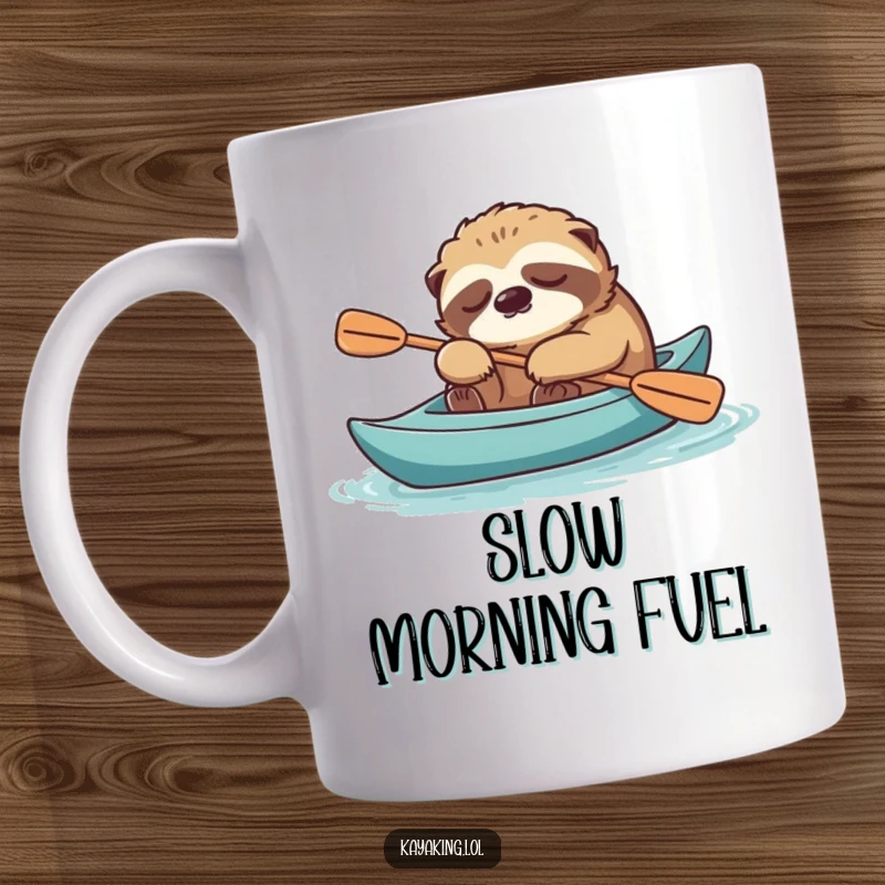 Funny, tired sloth napping peacefully in a stable kayak with a paddle, depicted on a mug.