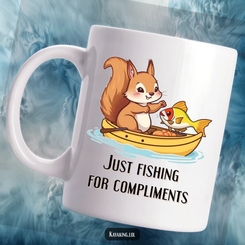 Funny mug, a silly squirrel in a kayak desperately reaching for a colorful fish, embodying fishing humor and outdoor adventure.