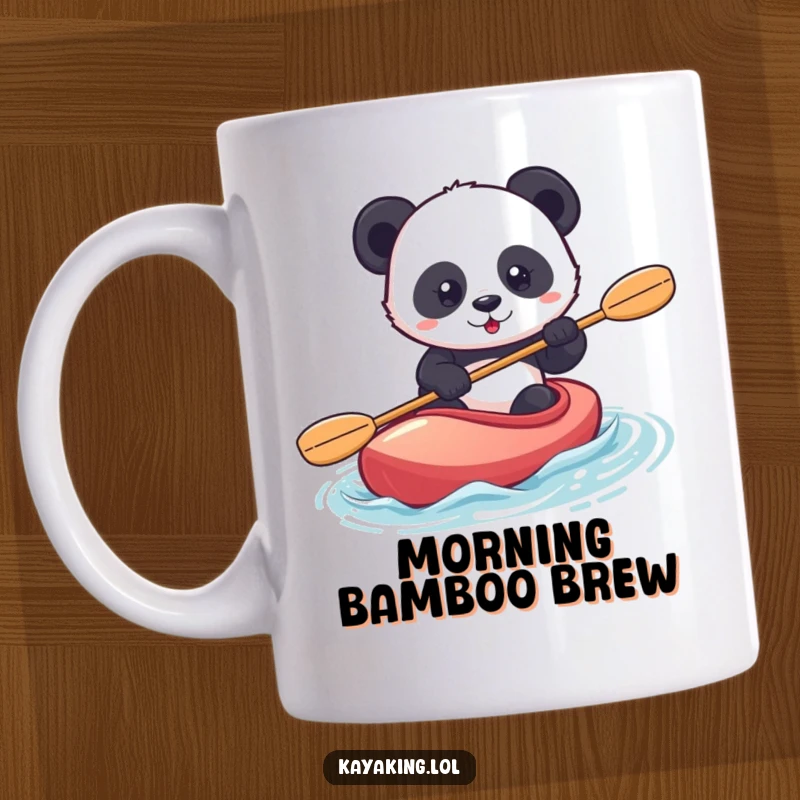 Funny panda kayaking mug features a determined panda riding a kayak with a confident expression, ready for adventure.