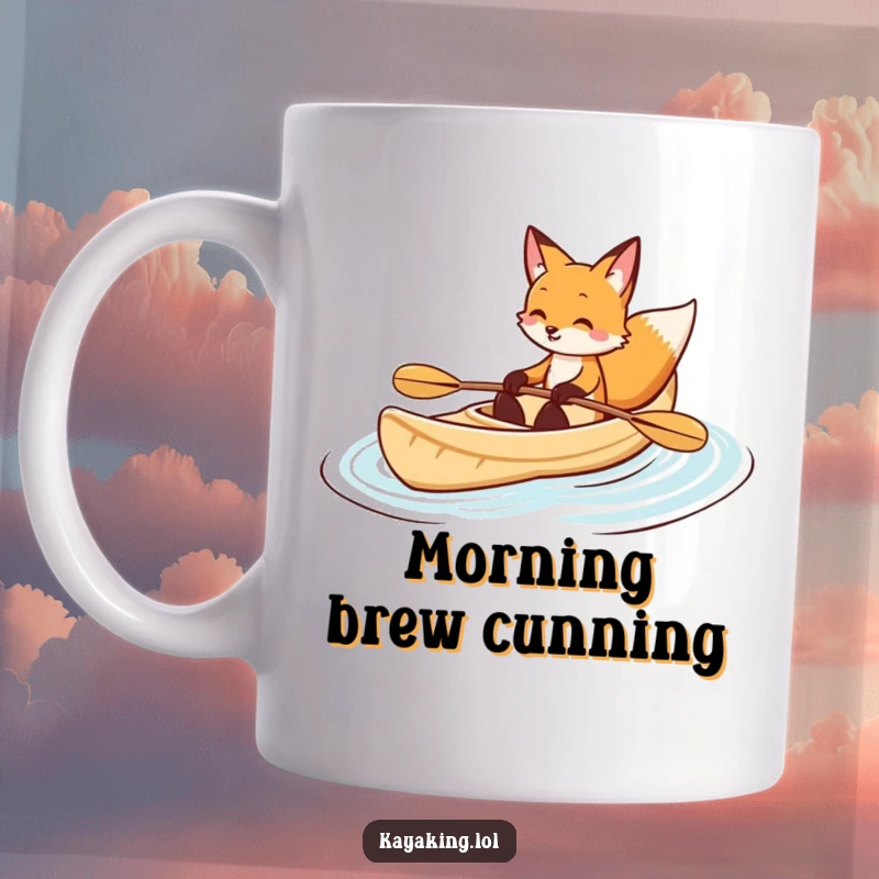 Funny fox kayaking mug shows a smiling fox elegantly paddling a kayak through calm, gentle waves with a serene expression.