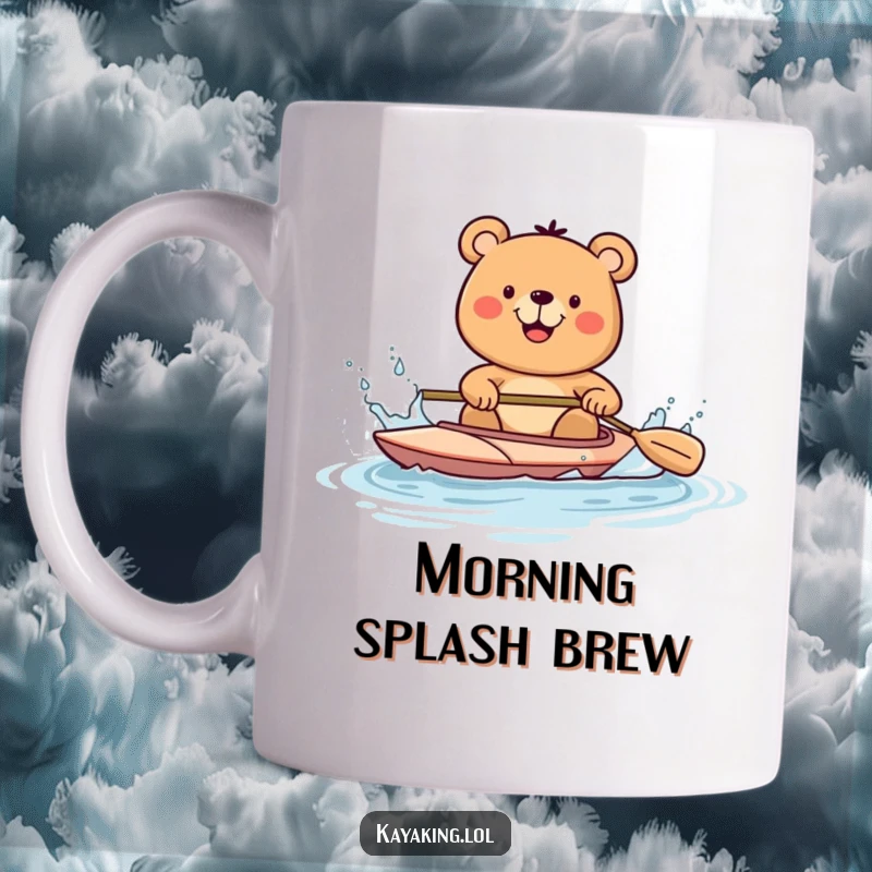 Funny happy bear splashing water with a kayak paddle, enjoying a ride, perfect for nature enthusiasts and humor lovers.
