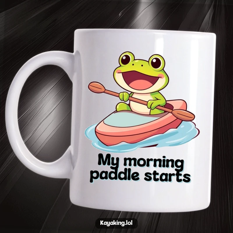 Funny mug featuring a happy frog character excitedly paddling a kayak with a wide, infectious grin, ready for adventure.