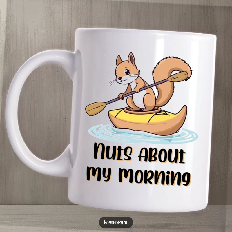 Funny squirrel mug showing a chaotic squirrel wobbling precariously in a tiny kayak, embracing its adventurous spirit.