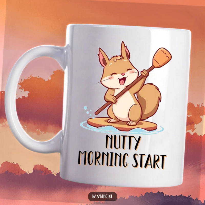 Funny mug featuring a determined squirrel energetically flipping its paddle with playful effort, showcasing its spirited ambition.