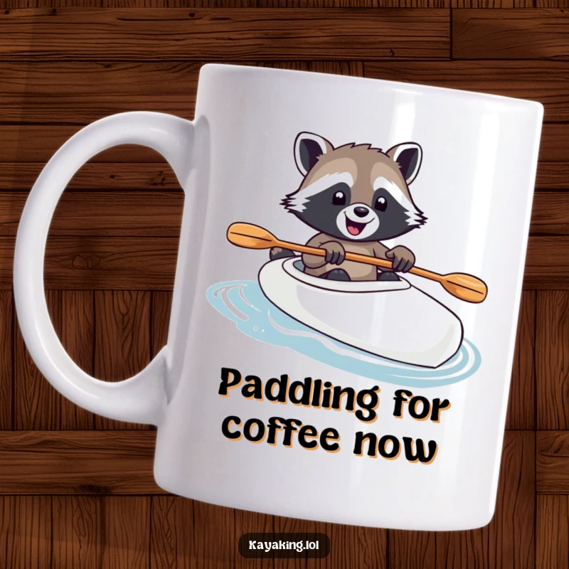 Funny raccoon steering a kayak with its paw on the paddle, looking joyful and ready for aquatic fun, ideal for outdoor enthusiasts.