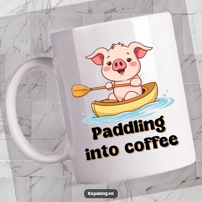 Funny happy pig mug, paddling a small kayak with a paddle, enjoying a fun adventure. Great gift.