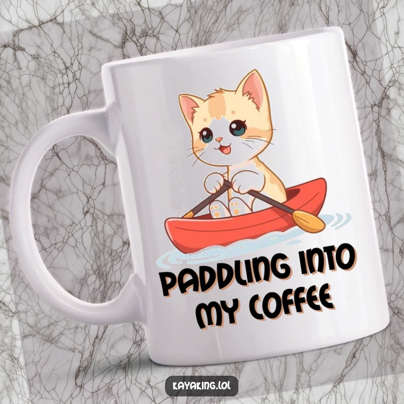 Funny Kitten Kayak Mug featuring a cute, fluffy kitten bobbing happily in a tiny red kayak on the water.
