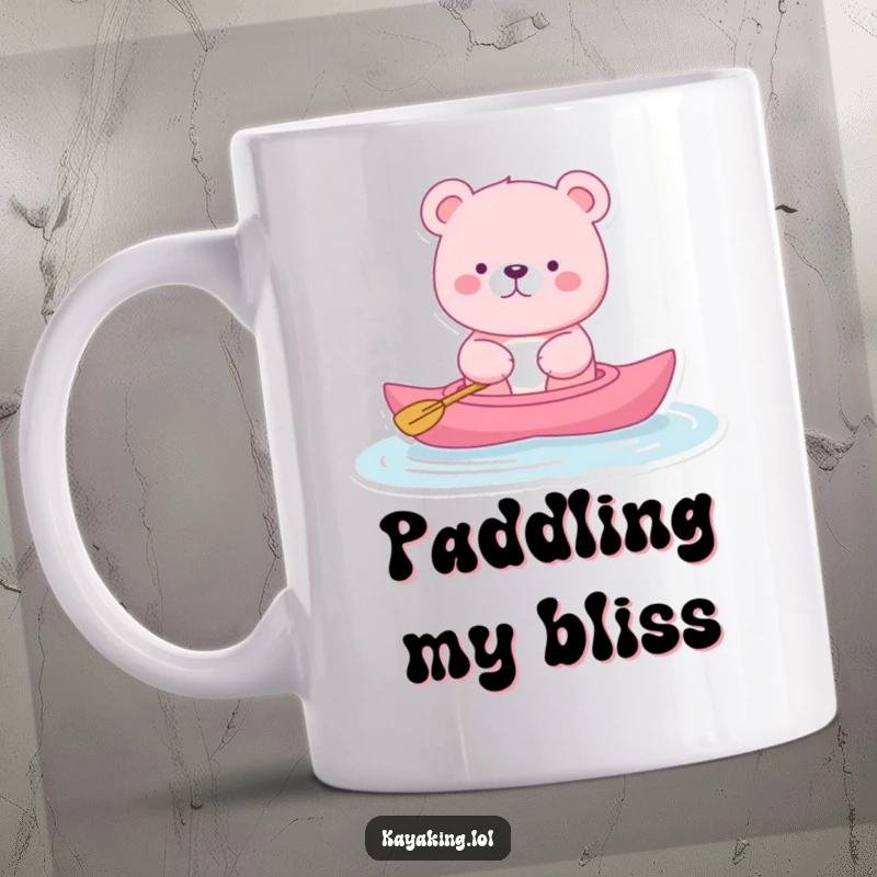 Funny pink bear mug character floating serenely in a kayak, embodying peaceful relaxation and lighthearted humor, a delightful gift.