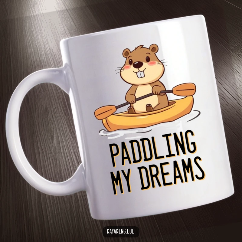 Funny mug shows a determined beaver enthusiastically paddling a small kayak, ready for adventure on the water.