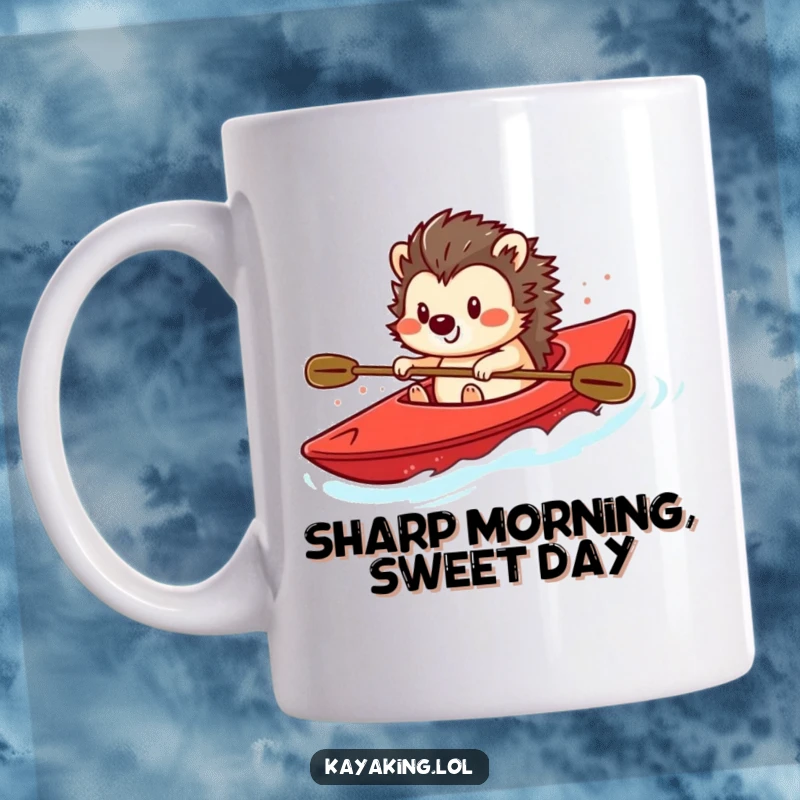 Funny mug with a smiling hedgehog confidently steering a bright red kayak, representing playful aquatic adventures and charm.