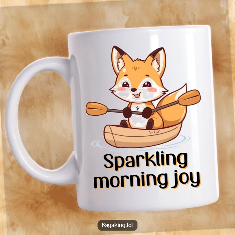 Funny grinning fox with sparkling eyes sitting in a kayak, embodying playful adventure and charm, perfect for nature lovers.