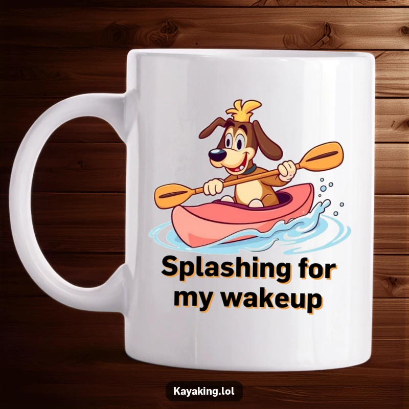 Funny Mug of a goofy dog splashing water with its paddle while enjoying a kayak ride, embodying adventurous canine joy.
