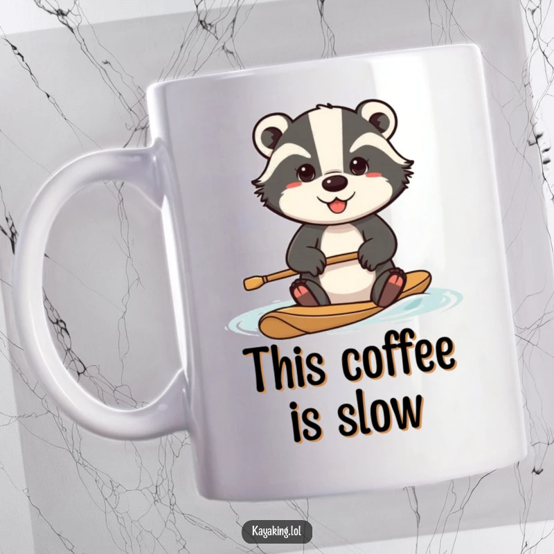 Funny determined badger mug, a badger paddling intensely with effort, showing determination, great for athletes and hard workers.