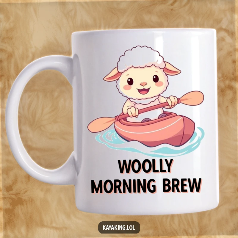 Funny mug featuring a cheerful sheep with a wide grin, skillfully maneuvering its kayak through calm waters.