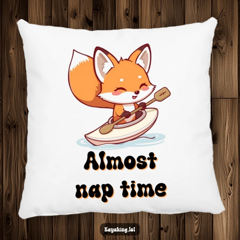 Funny fox kayaking pillow, a cute red fox humorously tipping its kayak, water splashes, soft and cozy decorative cushion.