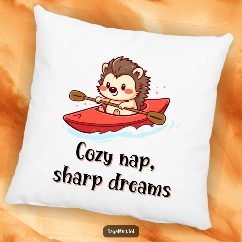 Funny pillow showcasing a smiling hedgehog steering a bright red kayak, adding a cute and cozy element to any room.