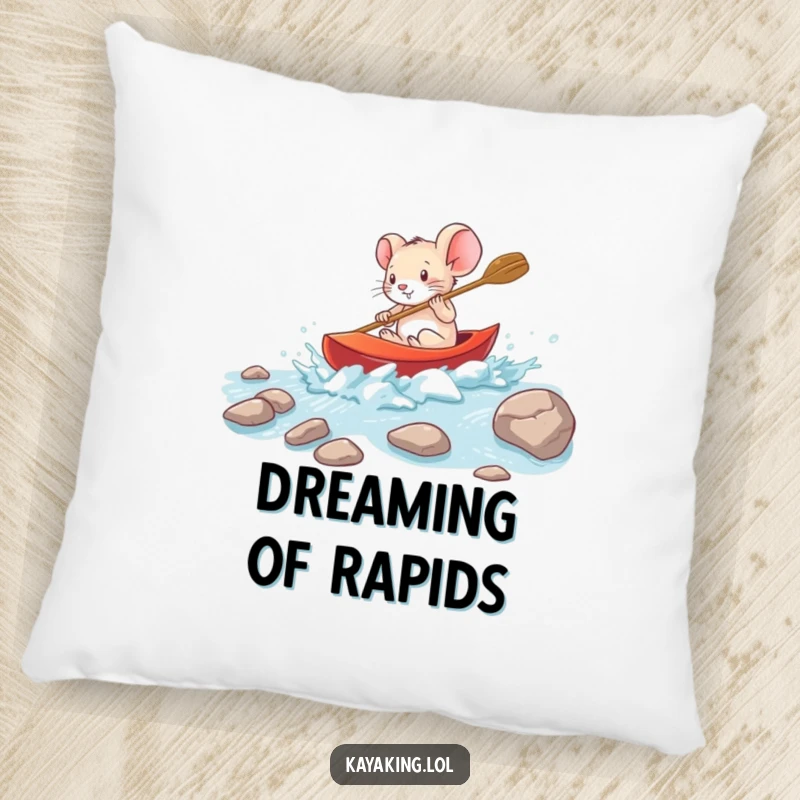 Funny brave mouse navigating rapids in a small kayak on a pillow, a cozy and inspiring decorative accent.