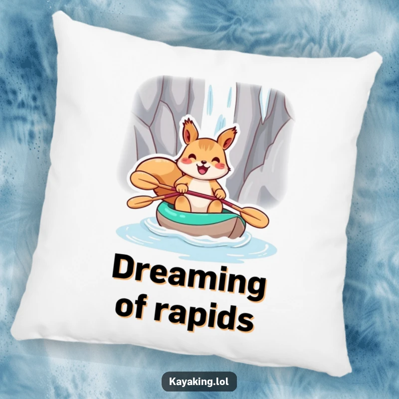 Funny squirrel kayaking towards a waterfall, printed on a soft pillow for ultimate comfort and humor.