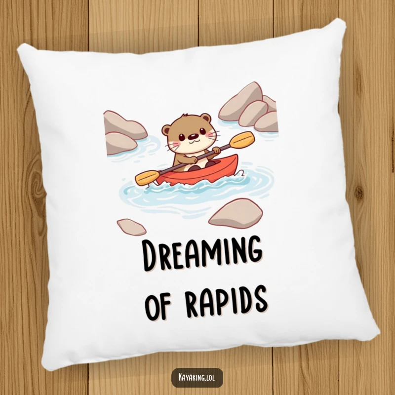 Funny pillow featuring a playful otter character kayaking through rapids, looking determined and fun, perfect for cozy adventures.