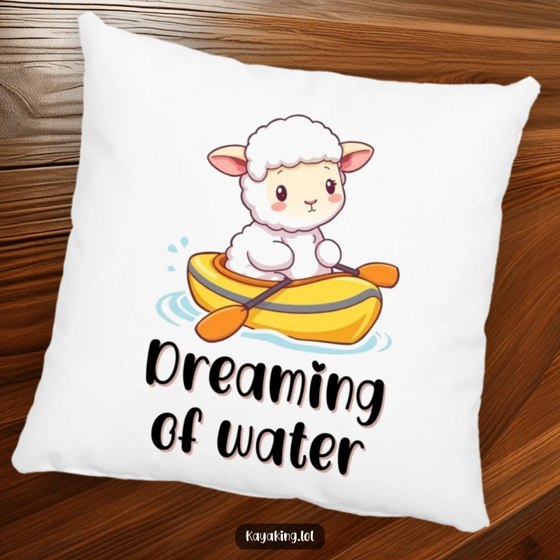 Funny fluffy sheep bobbing in a brightly colored kayak, bringing cozy comfort and a touch of whimsy. This pillow is a soft chuckle.