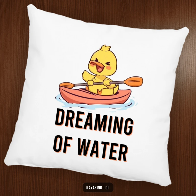 Funny pillow depicting a very happy duck paddling a kayak with pure bliss, adding comfort and humor to any room.