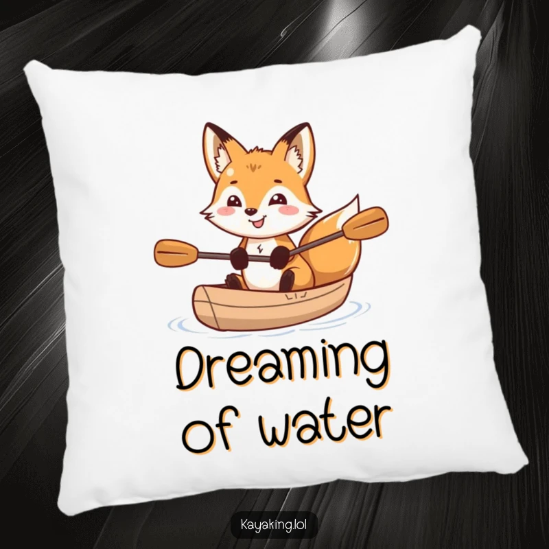 Funny grinning fox with sparkling eyes in a kayak, featured on a comfortable pillow, perfect for adding playful charm to decor.