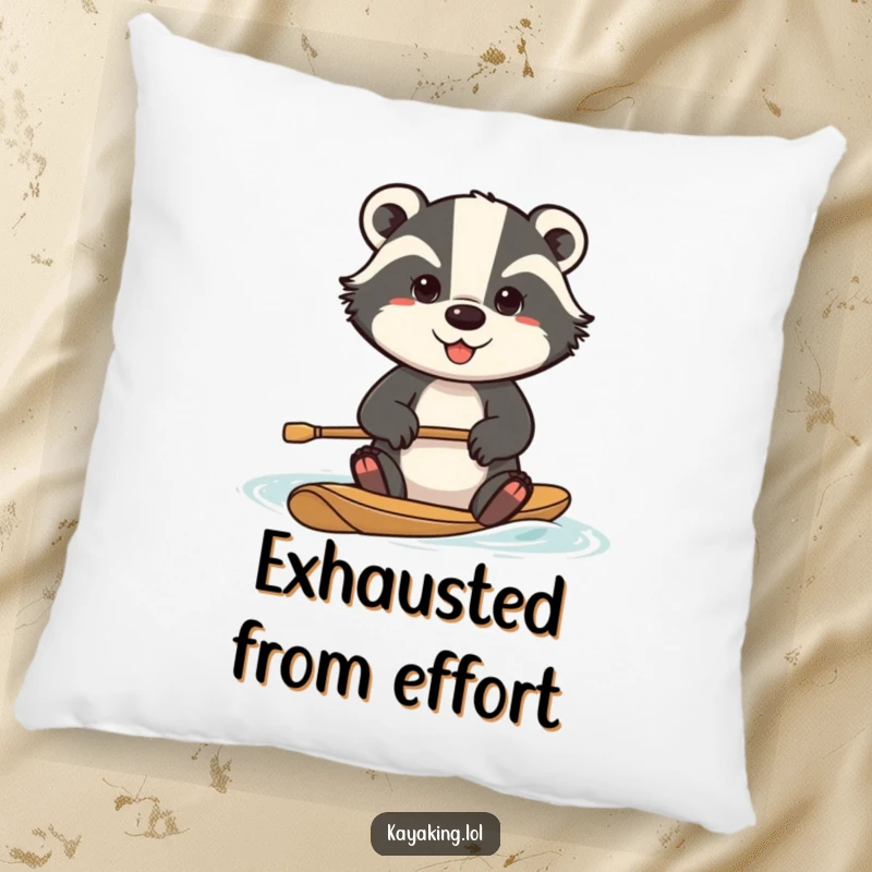Funny determined badger pillow, a badger paddling with great effort, soft cushion for comfort and inspiration.