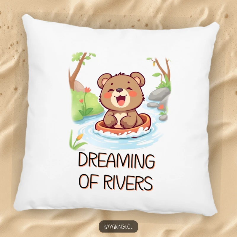 Funny pillow featuring a laughing bear cub enjoying a peaceful glide down a stream, bringing warmth and humor.