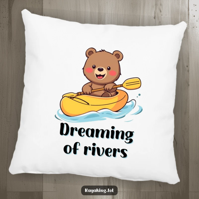 Funny Bear Pillow: Smiling bear waving from a bright kayak, offering cozy comfort and cheerful vibes indoors.