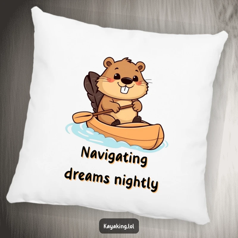 Funny beaver kayaking pillow featuring a determined beaver in a kayak, providing humorous comfort and a cute design for any room.